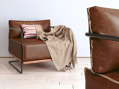 Brown Leather Single Sofa with Red White Striped Pillow Beige Blanket and Black Metal Frame 3d model