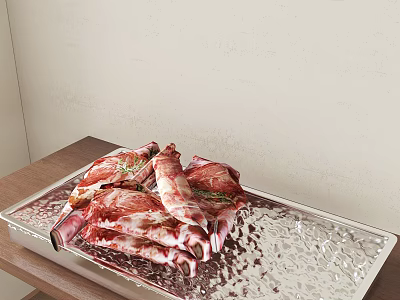 Raw Ribs Arranged on Aluminum Foil Tray Placed on Wooden Table with Light Wall Background 3d model