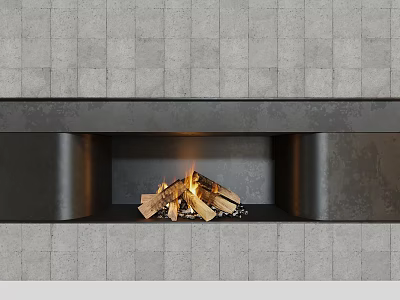 Gray Stone Wall Fireplace With Black Frame And Burning Wood Logs Inside 3d model