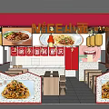 NICE Noodle Restaurant Interior With Red Signage Noodle Display And Wooden Tables