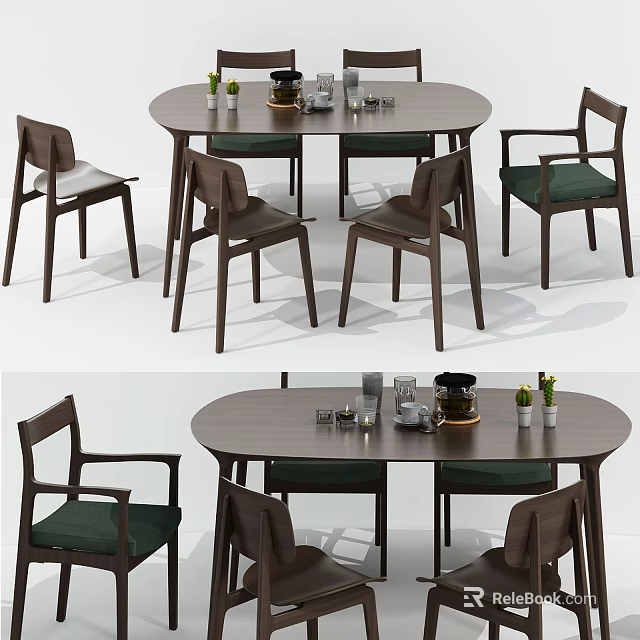 Wooden Oval Dining Table Set With Green Upholstered Chairs And Tabletop Items 3d model