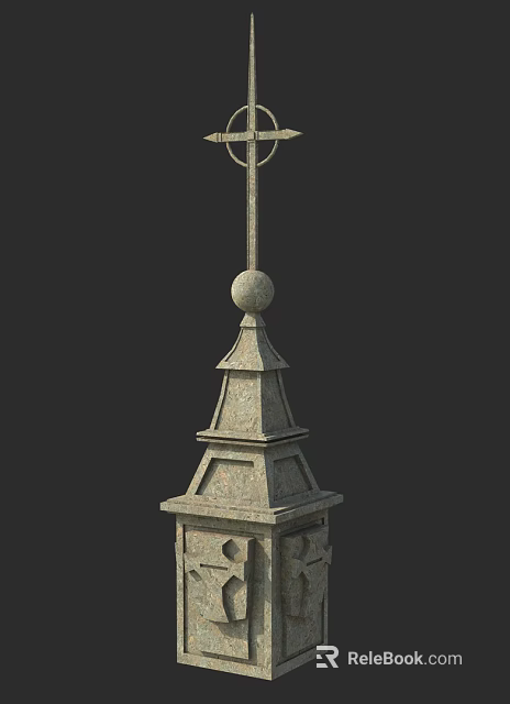 Stone Pillar With Layered Structure And Top Sphere Cross Decoration 3d model 