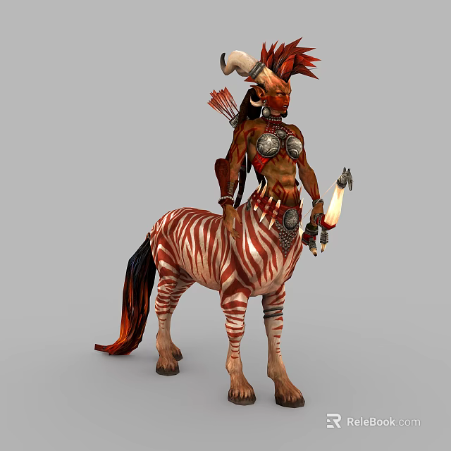Mythical Centaur Game Character With Zebra Striped Body Horned Head And Weapon 3d model 