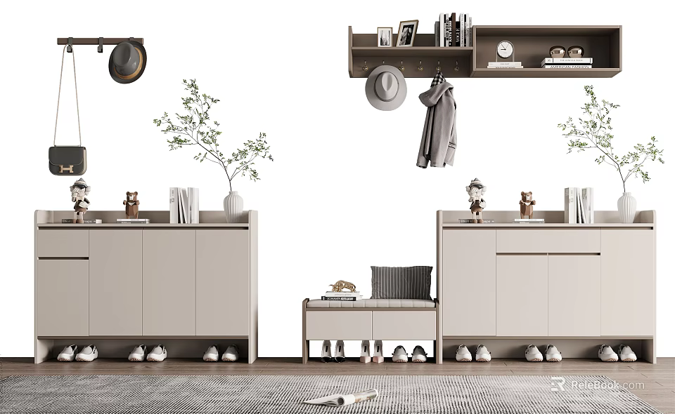 Modern Stylish Shoe Cabinet With Decorative Plants Hats Coats On Shelf And Shoes Underneath 3d model 