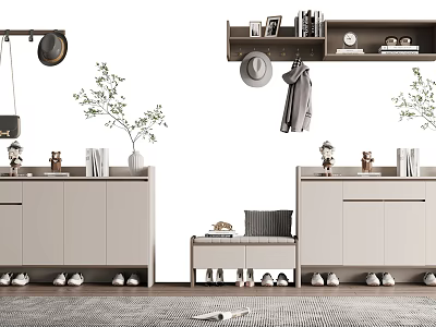 Modern Stylish Shoe Cabinet With Decorative Plants Hats Coats On Shelf And Shoes Underneath 3d model