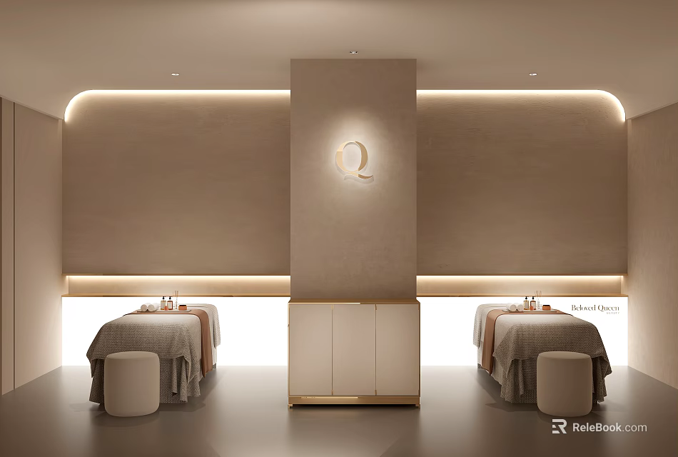 Beauty Salon Interior With Massage Beds Pillar Q Logo Beige Light Gray Tones Soft Lighting 3d model 