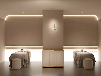 Beauty Salon Interior With Massage Beds Pillar Q Logo Beige Light Gray Tones Soft Lighting 3d model