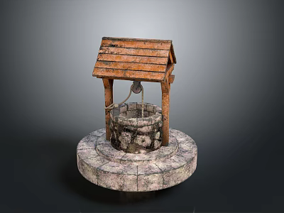 Ancient Well Architecture With Wooden Sloped Roof And Circular Stone Platform 3d model