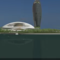 Modern Garden Landscape with White Curved Architecture Glass Facade Green Spaces Water and Roads