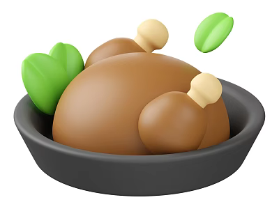 Roast Chicken Served on Black Plate with Green Leaves and Drumstick Bones 3d model