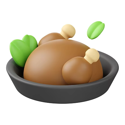 Roast Chicken Served on Black Plate with Green Leaves and Drumstick Bones 3d model