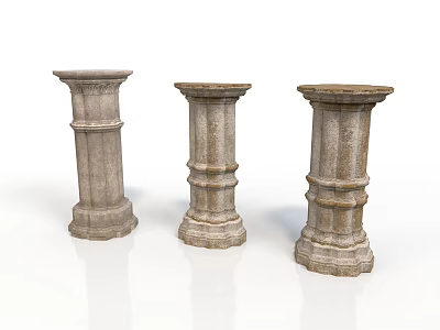Three Classical Stone Columns With Ornate Carvings And Textured Bases 3d model