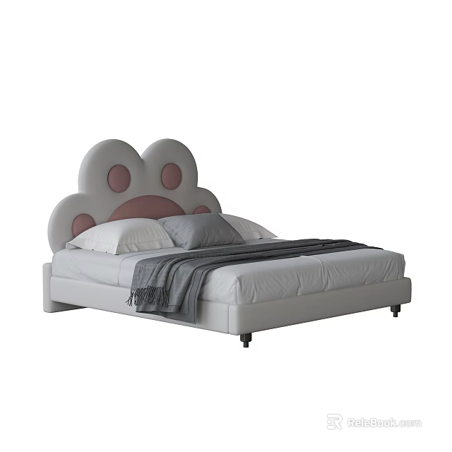 Cute Light Gray Kids Bed with Paw Shaped Headboard and Pink Dots Design 3d model 