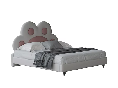 Cute Light Gray Kids Bed with Paw Shaped Headboard and Pink Dots Design 3d model