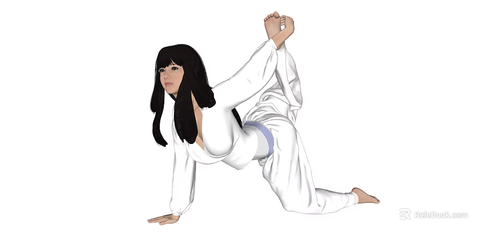 Woman Practicing Yoga Stretch In White Outfit With Long Black Hair Kneeling Stretching Arm To Foot 3d model 