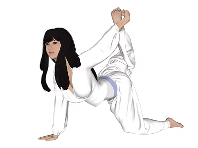 Woman Practicing Yoga Stretch In White Outfit With Long Black Hair Kneeling Stretching Arm To Foot 3d model