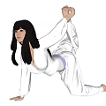 Woman Practicing Yoga Stretch In White Outfit With Long Black Hair Kneeling Stretching Arm To Foot