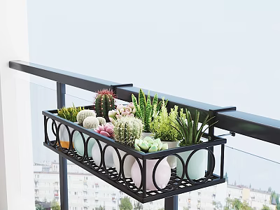 Garden Balcony Railing Black Metal Planter with Succulents Cacti and Colorful Pots 3d model
