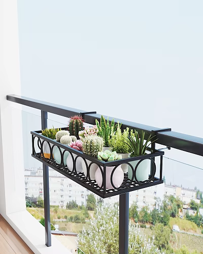 Garden Balcony Railing Black Metal Planter with Succulents Cacti and Colorful Pots 3d model
