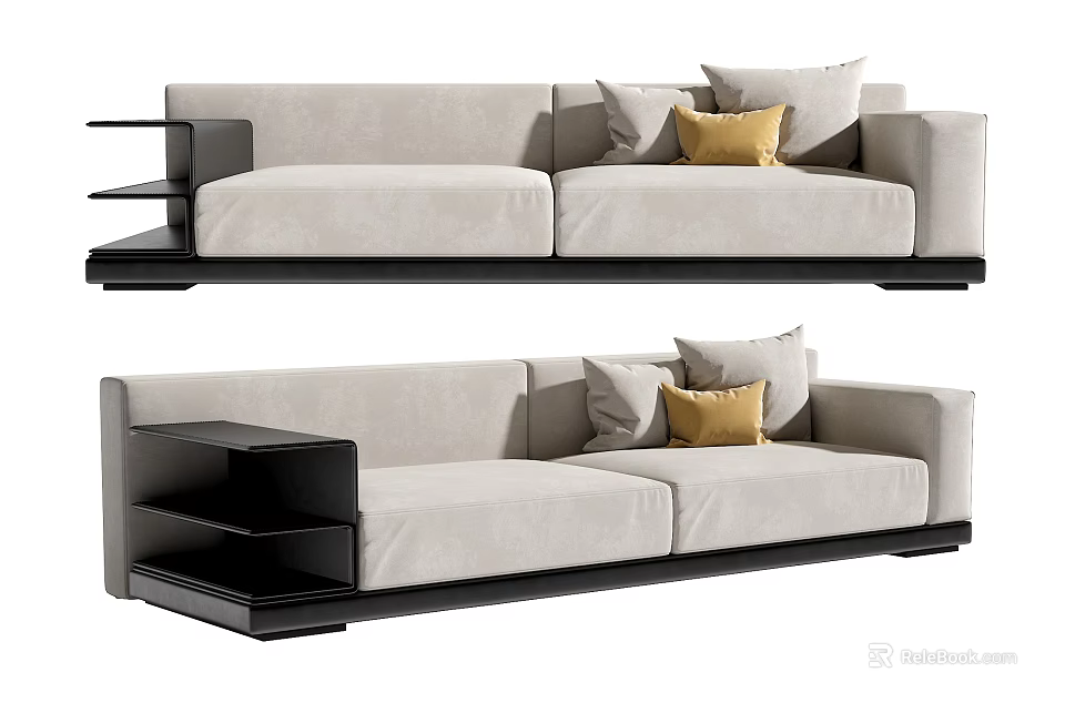 Modern Beige Two-Seater Sofa With Black Side Shelf And Throw Pillows 3d model 
