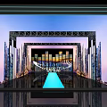 Modern Photo Spot With Metal Archway Frames City Skyline Backdrop And Blue Illuminated Floor