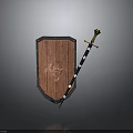 Medieval Weapon Display Featuring Red Wooden Shield Black Border And Golden Hilt Silver Sword