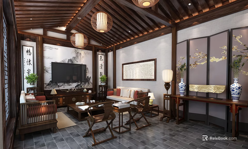 Chinese Traditional Living Room Interior With Wooden Beams Pendant Lights Landscape Painting And Calligraphy Scroll 3d model 