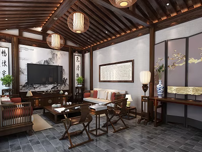 Chinese Traditional Living Room Interior With Wooden Beams Pendant Lights Landscape Painting And Calligraphy Scroll 3d model