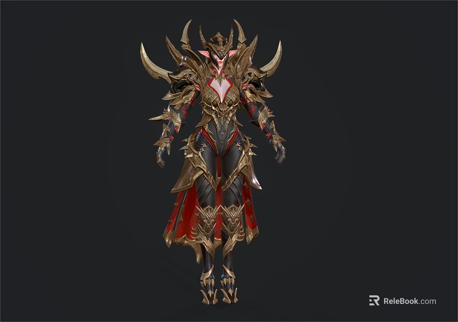 Fantasy Creature Character In Ornate Gold Black Armor With Horns Spiked Details And Red Cape 3d model 