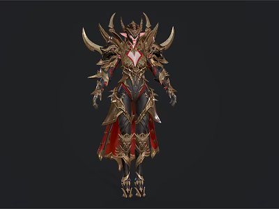 Fantasy Creature Character In Ornate Gold Black Armor With Horns Spiked Details And Red Cape 3d model