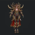 Fantasy Creature Character In Ornate Gold Black Armor With Horns Spiked Details And Red Cape