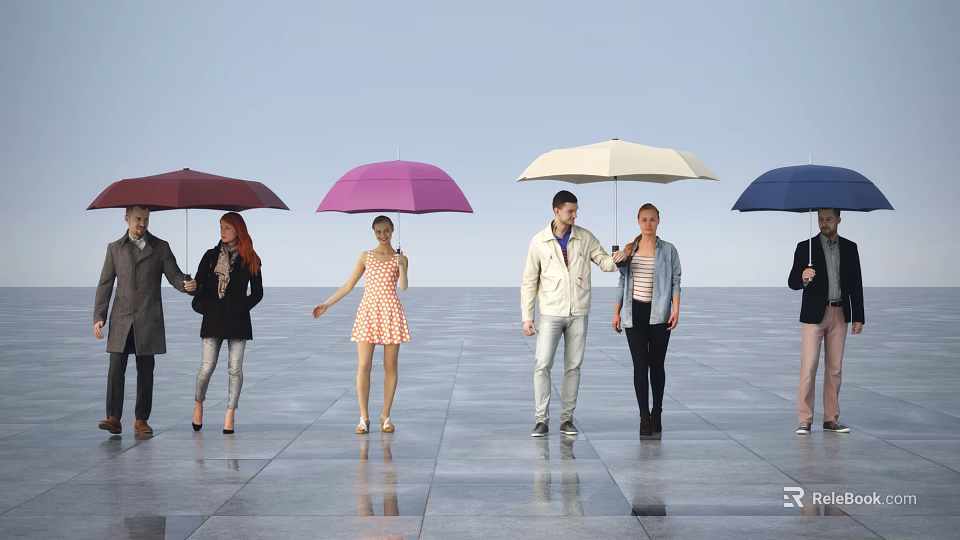 Group of People Standing With Colorful Umbrellas On Reflective Ground Under Blue Sky 3d model 
