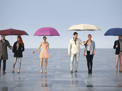 Group of People Standing With Colorful Umbrellas On Reflective Ground Under Blue Sky 3d model