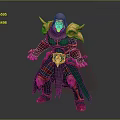 Hooded Game and Movie Character With Green Face Bone Decorated Armor and Purple Cloak