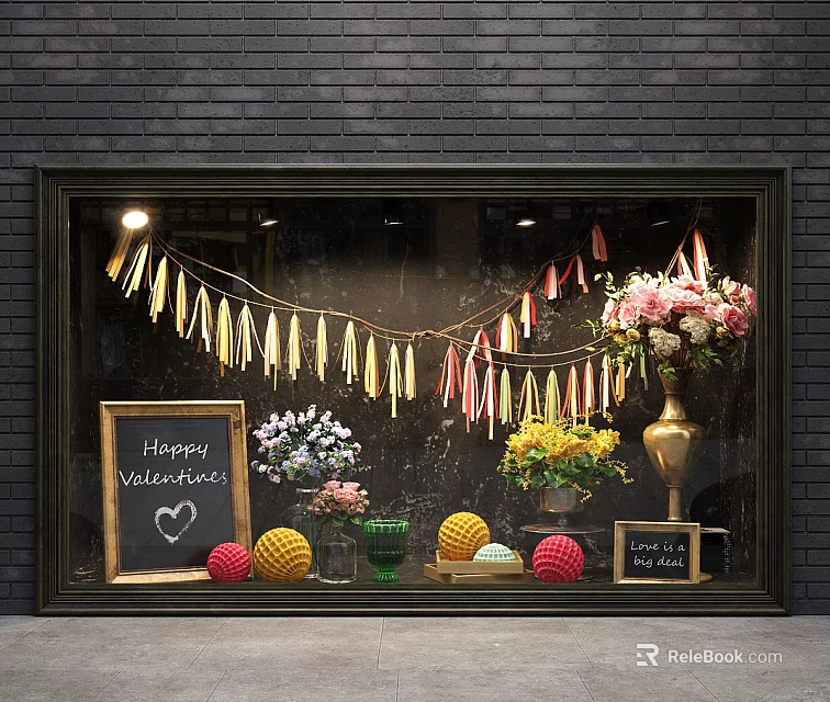 Valentine's Day Themed Store Window Display With Happy Valentine Chalkboard Flower Bouquets Yarn Balls And Colorful Banners 3d model 