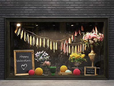 Valentine's Day Themed Store Window Display With Happy Valentine Chalkboard Flower Bouquets Yarn Balls And Colorful Banners 3d model