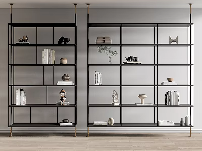 Modern Black Metal Bookcase With Layered Open Shelves And Decorative Items 3d model
