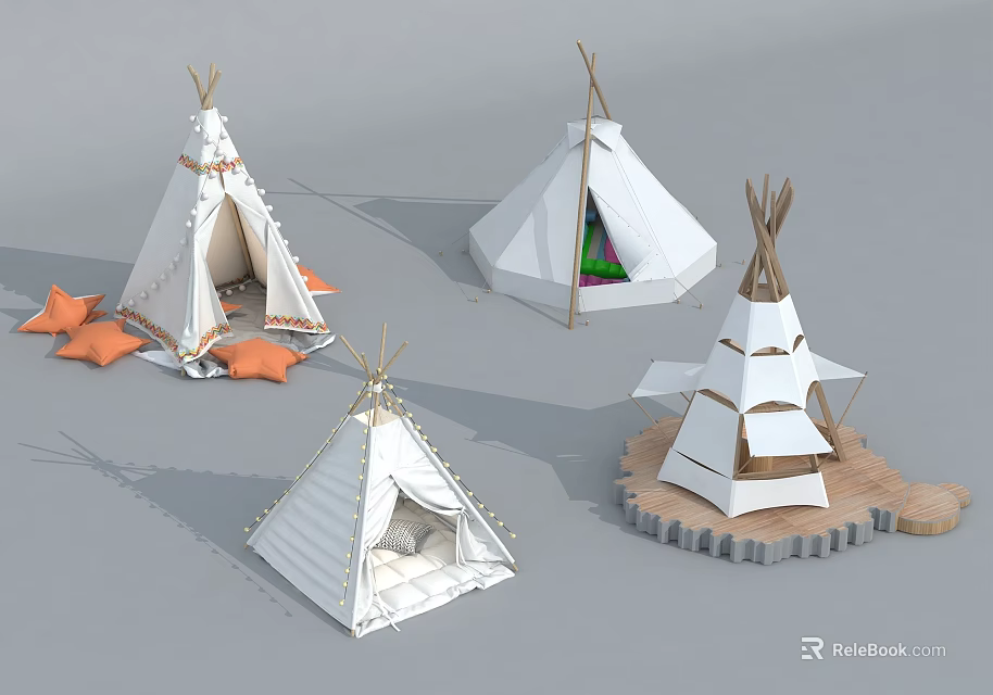 Various Stylish Teepee Tents with Fringes Cushions and Wooden Base Design 3d model 