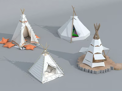 Various Stylish Teepee Tents with Fringes Cushions and Wooden Base Design 3d model