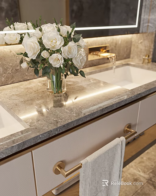 Luxurious Bathroom With White Flowers Marble Countertop Double Sinks Golden Faucets And Towel Rack 3d model 