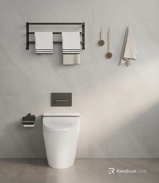 Modern Bathroom Toilet Interior With Wall Mounted Towel Rack White Towels And Toilet Brush 3d model 