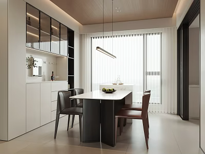 Modern Restaurant Interior Design With Dining Table Chairs Pendant Light And Wooden Cabinets 3d model