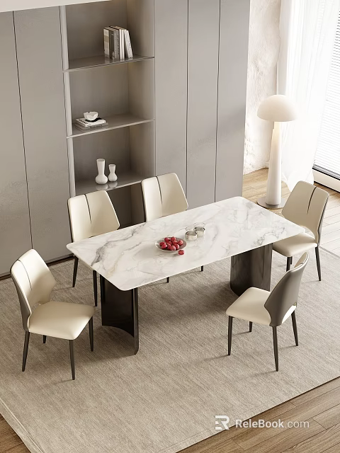 Modern Dining Table Set With Marble Top And Six Light Colored Leather Chairs 3d model