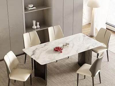 Modern Dining Table Set With Marble Top And Six Light Colored Leather Chairs 3d model