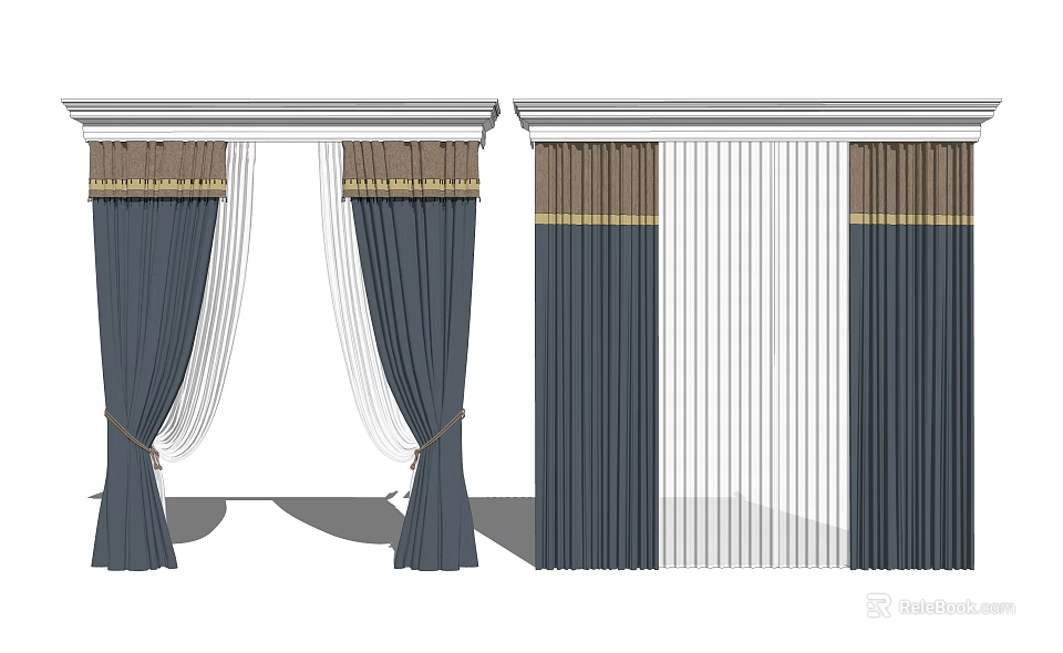 Elegant Navy Blue Curtains With White Sheer Panels Decorative Valance And Tiebacks 3d model 