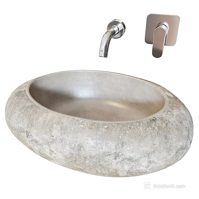 Natural Stone Oval Wash Basin With Modern Silver Faucet And Textured Surface 3d model 