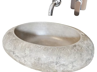 Natural Stone Oval Wash Basin With Modern Silver Faucet And Textured Surface 3d model