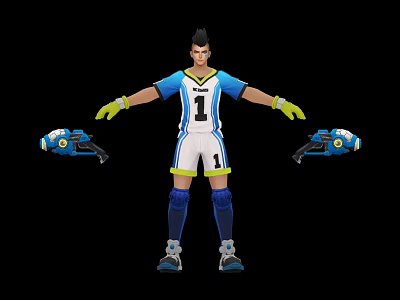 Sports Themed Character In Blue White Jersey Number One Yellow Gloves And Blue Cyber Creatures 3d model