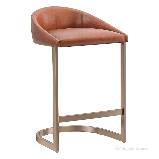 Modern Brown Leather Bar Stool With Metal Frame And Curved Backrest 3d model 