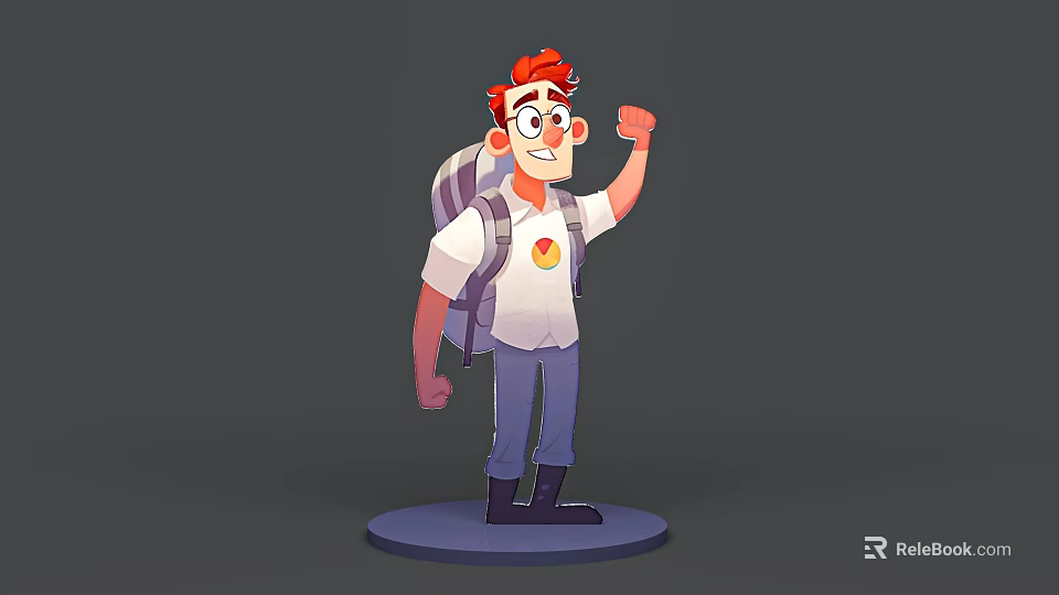 Cheerful Cartoon Man With Red Hair Glasses Backpack White T Shirt Red Logo And Fist Raised Pose 3d model 